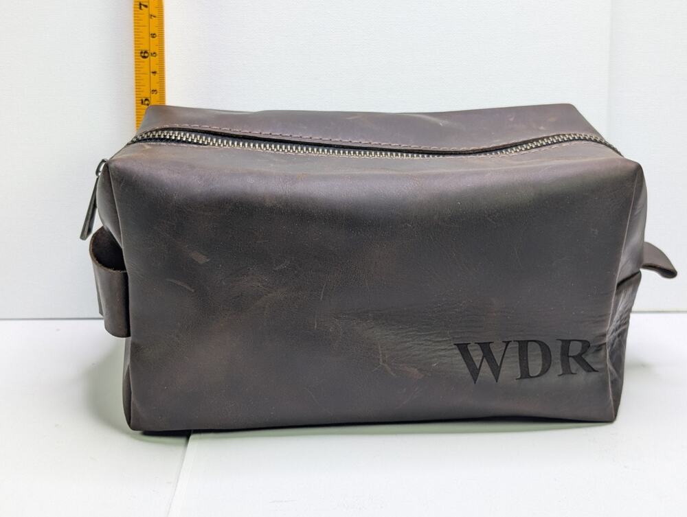 Brown Genuine Leather Dopp Kit Toiletry Travel Bag WDR Monogram Vintage Style